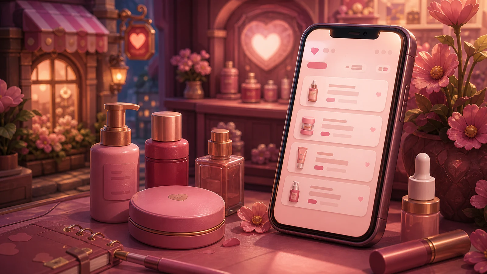 Pink boutique desk with beauty products and a smartphone collection interface